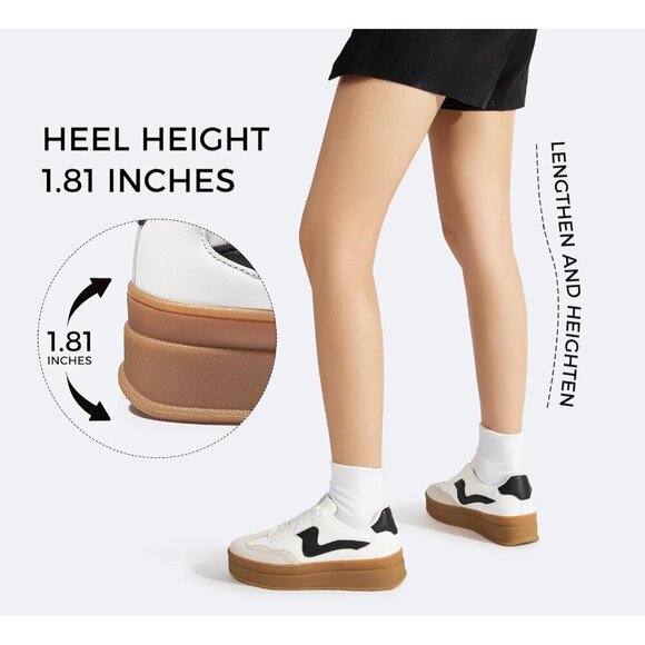 Women Platform WhiteBlack Sneaker Thick Sole Suede Leather Low Top Walking Shoes - Picture 5 of 9
